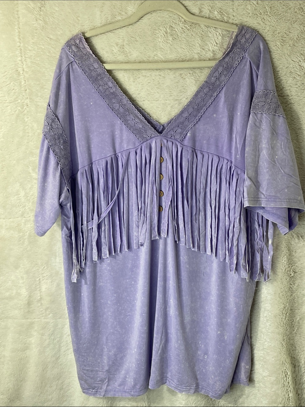 Lavender V-Neck Fringe Tunic Top with Crochet Trim